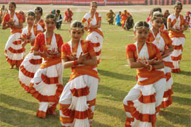 Students presenting a cultural programme during the annual sports day function of the Army Public School in Bathinda on Thursday.