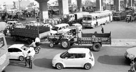 A traffic jam at Zirakpur on the Chandigarh-Ambala highway on Friday.
