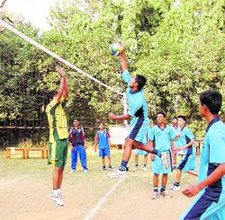 A match in progress at the Council School Volleyball Tournament in Dehradun on Friday