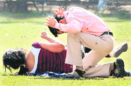 Students being attacked by a swarm of honeybees at Postgraduate Government College, Sector 11, Chandigarh, on Saturday.