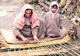 A woman weaves a traditional mat as her child looks on near Dal Lake in Srinagar on Saturday.