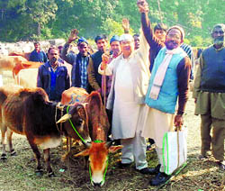 Congress leader Dhirendra Pratap with farmers after getting an assurance from the administration that cattle trade will continue in the interests of farmers Uttarakhand on Sunday