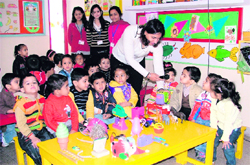 A mock interview in progress at a nursery school to prepare tiny tots for admission interviews.