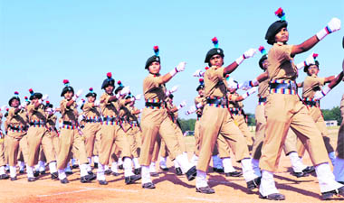 Members of the National Cadet Corps participate in a march past during the 61st NCC day celebrations in Secunderabad on Sunday.