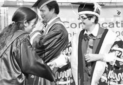 Former Delhi Police chief Kiran Bedi interacts with a student during the annual convocation of Thapar University in Patiala on Monday