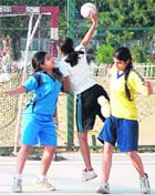Players in action during the Junior State Handball Championship in Chandigarh on Monday. 