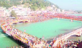 A view of Har ki Pauri with new temporary bridges built to cope with heavy turnout during the coming Maha Kumbh in Haridwar.