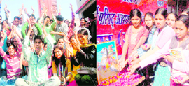 Students boycott classes demanding the reinstatement of the college principal and (right) girls pay tributes to Rani Laxmi Bai on her birth anniversary at SMJN College in Haridwar.