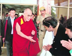 The Dalai Lama being welcomed on his arrival at the Kangra airport on Monday.