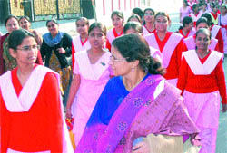 Students walk in a queue to reach the Guru Gobind Singh Stadium, the venue of the 55th National School Games, in Jalandhar
