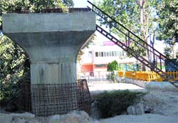 The pillar of the flyover ramp which has been restricting the entry of the Punj-Aab expres bus to the International Bus Terminal in Amritsar. 