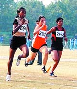 Players during 100-m race in the 55th National School Games at Guru Nanak Dev University ground in Amritsar. 