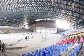 A view of the indoor ice-skating rink being prepared for the SAF Winter Games in Dehradun.