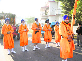 Panj Piaras during a nagar kirtan taken out on the Martyrdom Day of Guru Teg Bahadur in Dehradun on Tuesday.