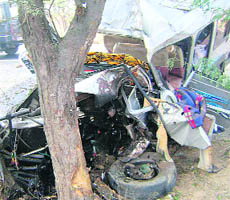 The damaged maxi cab that hit a tree killing three persons at Sirsa on Tuesday.