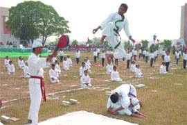 Students of Innocent Hearts Green Fields show their karate skills during a mega carnival.