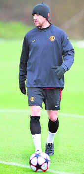 Manchester Uniteds Owen Hargreaves during a training session at the clubs Carrington training complex in Manchester, on Tuesday. Manchester United are set to play Turkish team Besiktas in the Champions League on Wednesday.