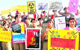 NCC cadets take part in a rally to highlight ill-effects of drugs and spread awareness about cancer and AIDS at Sukhna Lake in Chandigarh on Wednesday.