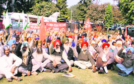 Representatives of farmers bodies hold a demonstration at Mini Secretariat in Ludhiana on Wednesday.