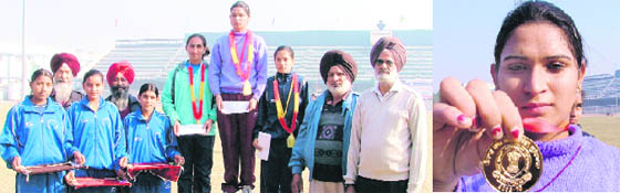 The winners of 1,500 m race; and (right) Navjoban Kaur of Hoshiarpur shows her gold medal after winning the race in the Punjab Women Sports Festival in Ludhiana on Wednesday