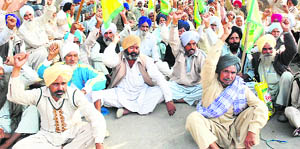 Members of the Bharti Kisan Union (Ugrahan) stage a dharna outside the Mini Secretariat in Bathinda on Wednesday.