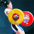 Gold medalist Maiya Maneza of Kazakhstan competes in the womens 63 kg Group A snatch competition in Goyang, north of Seoul, on Wednesday