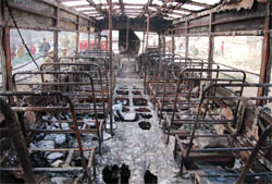 The bus that caught fire in east Delhi on Thursday.