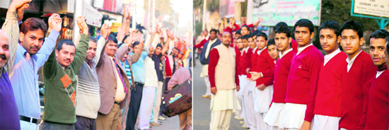 Residents and schoolchildren form a human chain in Haridwar on Thursday.