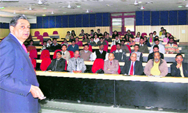 Lieut-Gen KK Khanna (retd) delivers a talk at Doon University on Thursday.
