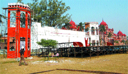 A view of the under-construction stage for the Mr Singh International grand finale on the Khalsa College premises in Amritsar.