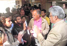 Authorities of the Government College for Art and police try to pacify the agitating students in Chandigarh