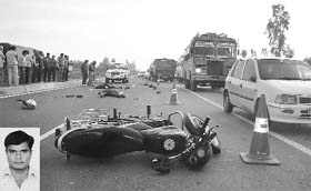The bodies of the victims along with their motor cycle lie on the national highway at Dera Bassi on Friday; and (inset) Manoj, one of the victims