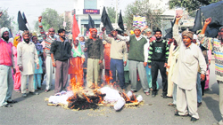 Activists of the Municipal Safai Mazdoor Union burn an effigy of the Punjab government in Amloh 