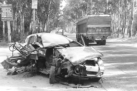 The damaged car of the ITBP which met with an accident, in which five persons were injured, near Naraingarh on the Chandigarh-Ambala highway on Saturday.