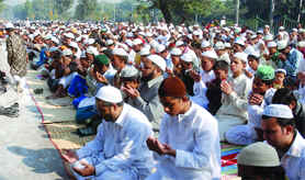 Devotees offer prayers on the occasion of Bakrid at Bhuri Bhatiyari Masjid at ITO in New Delhi on Saturday.