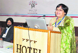 Dr Pratima Gupta, Head of Microbiology Department, Himalayan Institute Hospital Trust, delivers a presentation at a workshop on Initiatives Towards Making Health Care Toxic Free in Dehradun.