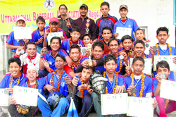 Dehradun sub-junior baseball team poses for a picture after being felicitated by the District Baseball Association in Dehradun on Saturday.