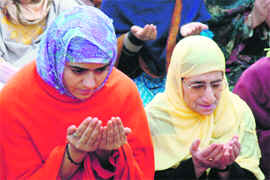 Women offer prayers at the Idgah on the occasion of Id-ul-Azha in Jammu on Saturday.