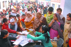People throng a counter set up during sangat darshan organised by Local Bodies Minister Manoranjan Kalia in Jalandhar