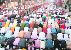 Members of Muslim community offer prayers at Jama Masjid to mark Id-ul-Zuha in Ludhiana on Saturday.