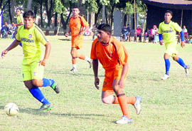 A match between J&K and Tripura in progress at the All-India Police Football Championship in Haridwar on Sunday