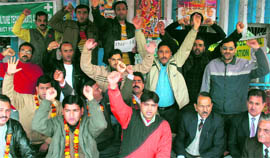 Members of the Jammu and Kashmir Agricultural Technocrats Association protest in Jammu on Sunday