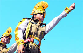 Members of the CISF march during the passing-out parade of sub-inspector trainees in Hyderabad on Sunday.