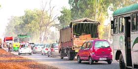 Traffic moves at a snails pace on the Mohali-Kharar road