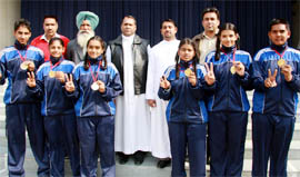 Players from St Xaviers Senior Secondary School, who were part of the state handball teams that won the 55th National School Games held at Jalandhar last week, showing their medals in Bathinda on Monday.