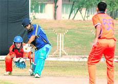 A match in progress between Blue Star Cricket Club and the Netherlands team at Tau Devi Lal Cricket Stadium, Sector 3, Panchkula, on Monday.