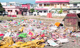 garbage strewn all over near a bin on Curzon Road in Dehradun.
