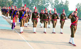 A contingent of cadets at the passing out parade of the Haryana Police Academy in Madhuban, Karnal, on Monday