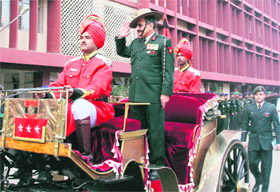 Lt-Gen TK Sapru, GOC-in-C, Western Command, during a ceremonial farewell in Chandimandir on Monday. 