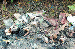 Gloves, half burnt cotton and other medical waste lie outside the Post-mortem complex in Amritsar